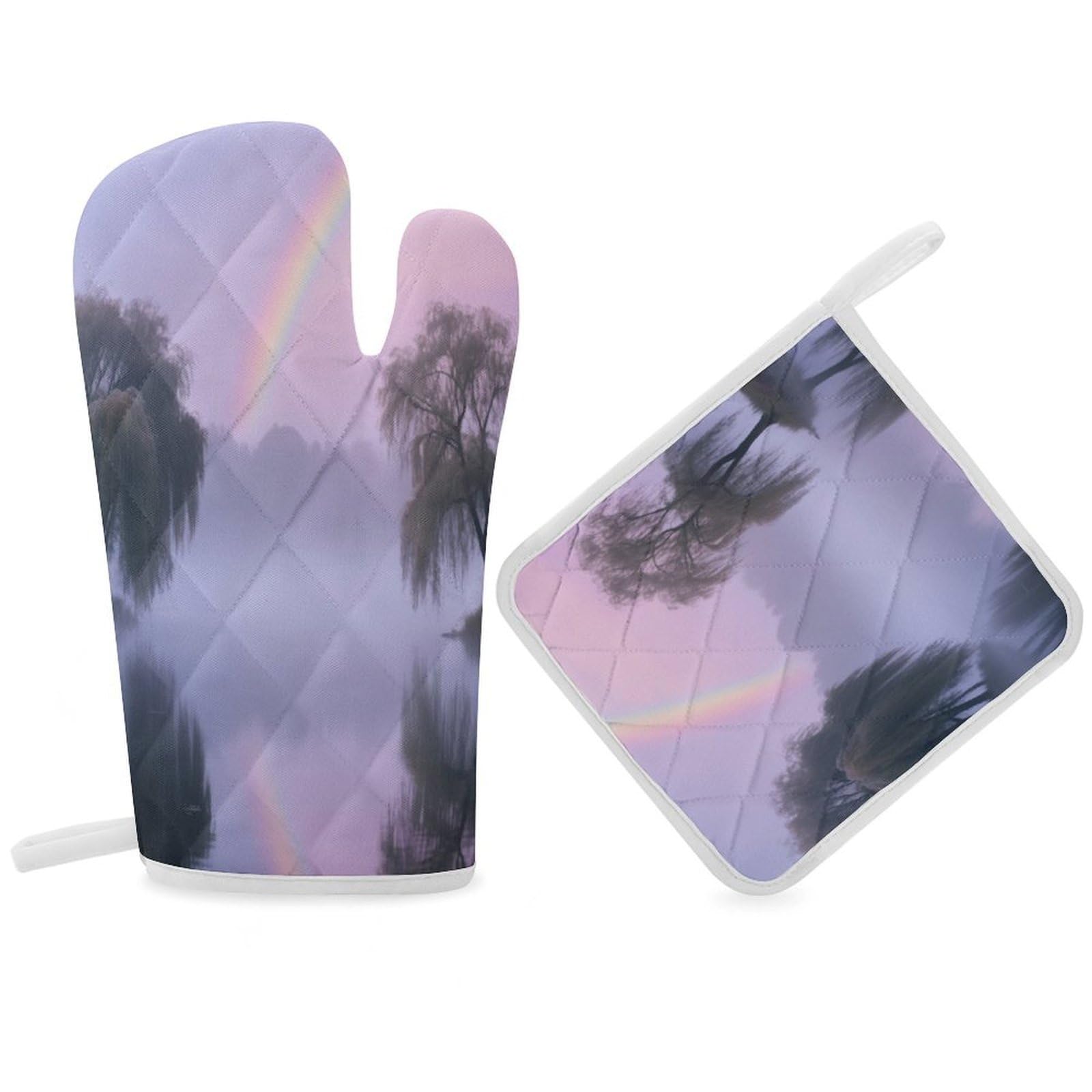 Fodpand Women's Style Willow Forest Rainbow Oven Mitts And Pot Holders Sets,Oven Gloves For Kitchen Oven Mitts And Potholders For Baking Cooking Grilling Apartment Essentials