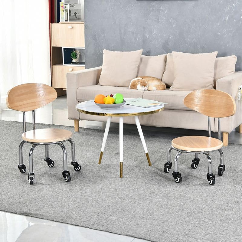 Tabouret Bas à Roulettes Avec Dossier – Cuir Nappa Épais, 360° Rotation, Charge 150 Kg+ – Idéal Bureau, Yoga, Enfants