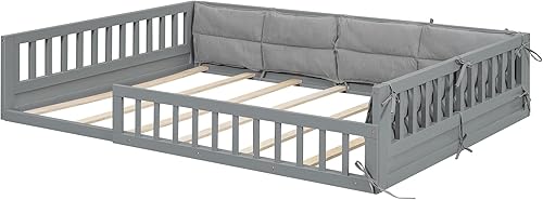 Miniatura 24 de LZ LEISURE ZONE Cama de plataforma de tamaño individual con valla, marco de cama de piso de madera maciza con puerta, marco de sofá cama tamaño