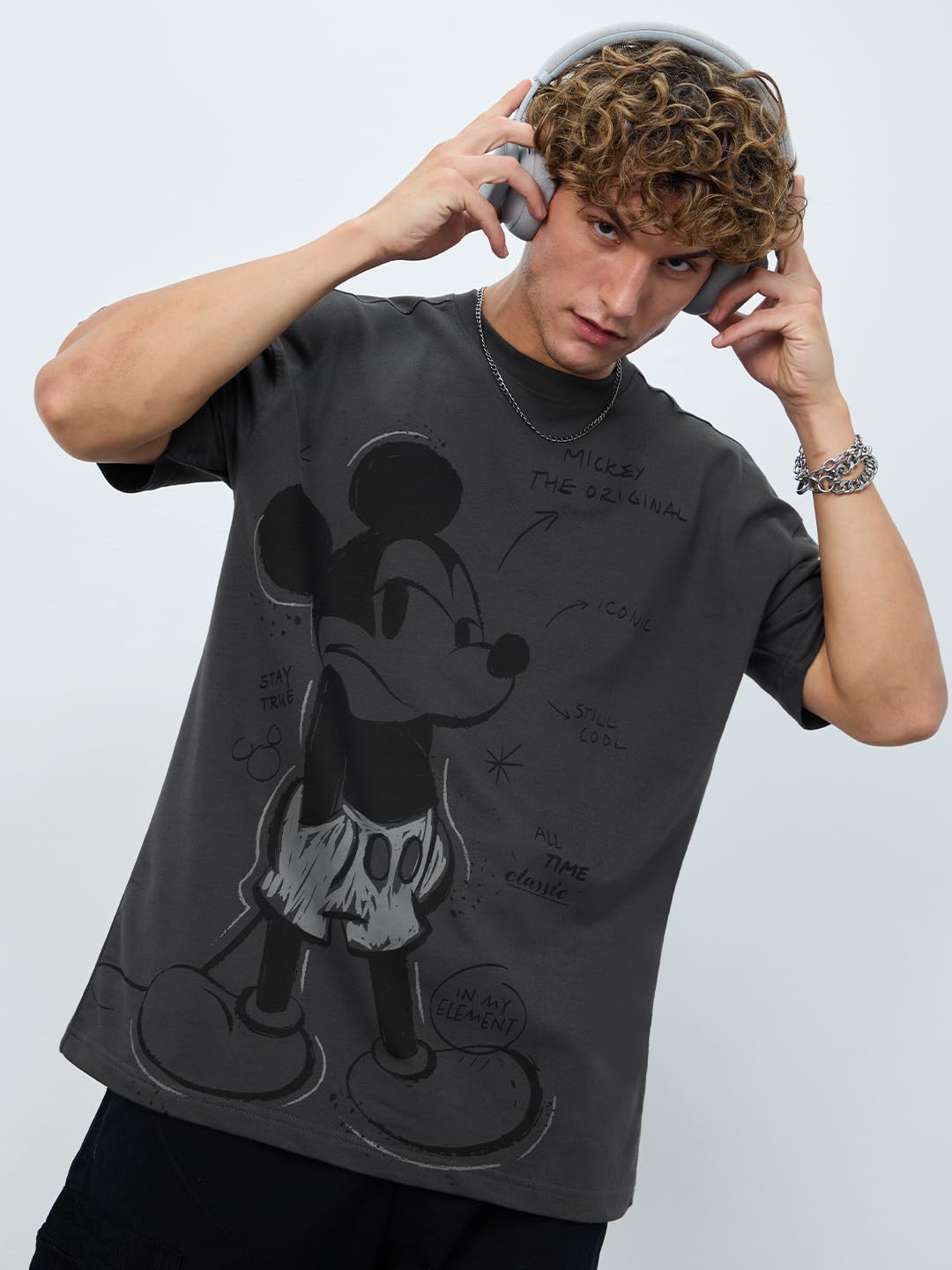The Souled Store Disney Myszka Miki męska koszulka z krótkim rękawem i okrągłym dekoltem, bawełniana koszulka z nadrukiem graficznym, czarna