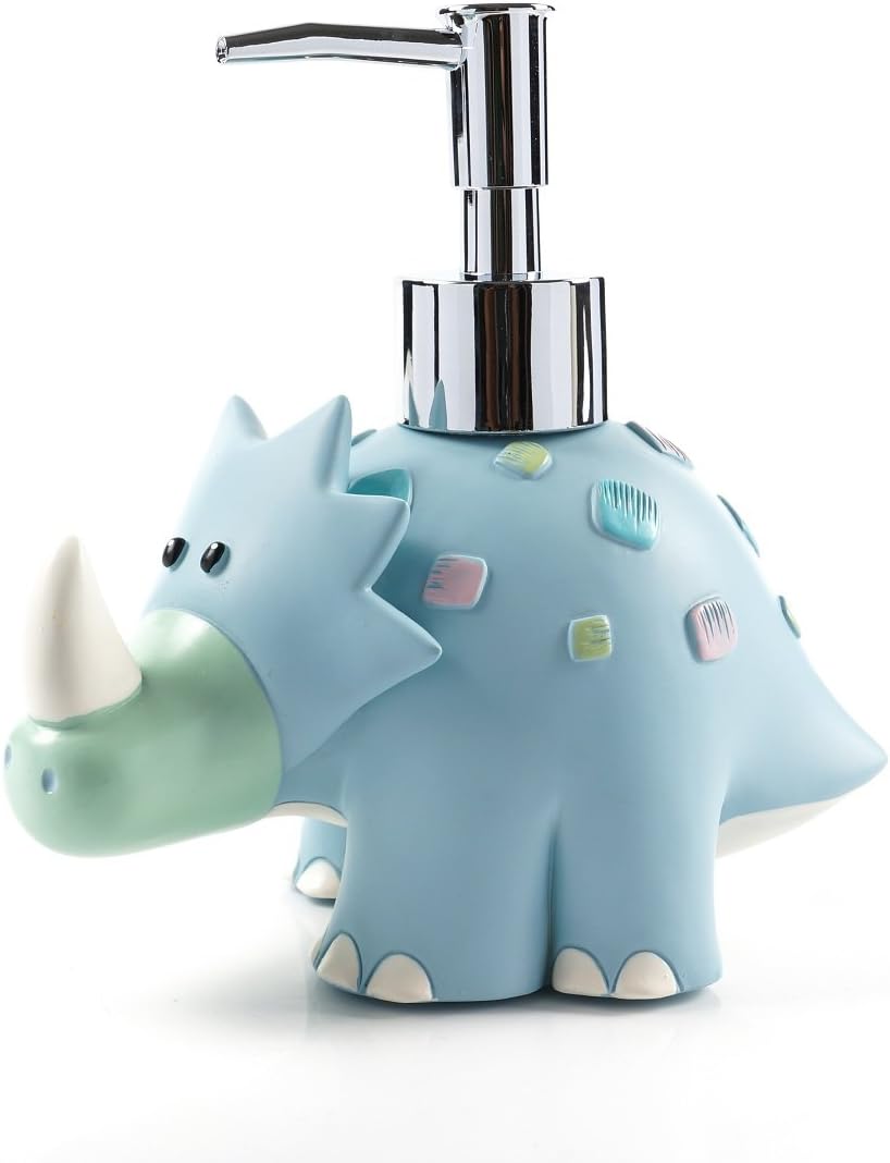 Wendin Cartoon Series Bath Accessory Set, Soap Dispenser Pump, Toothbrush Holder, Tumbler, Soap Dish Resin Art Color Decoration (Dinosaur Soap Pump)