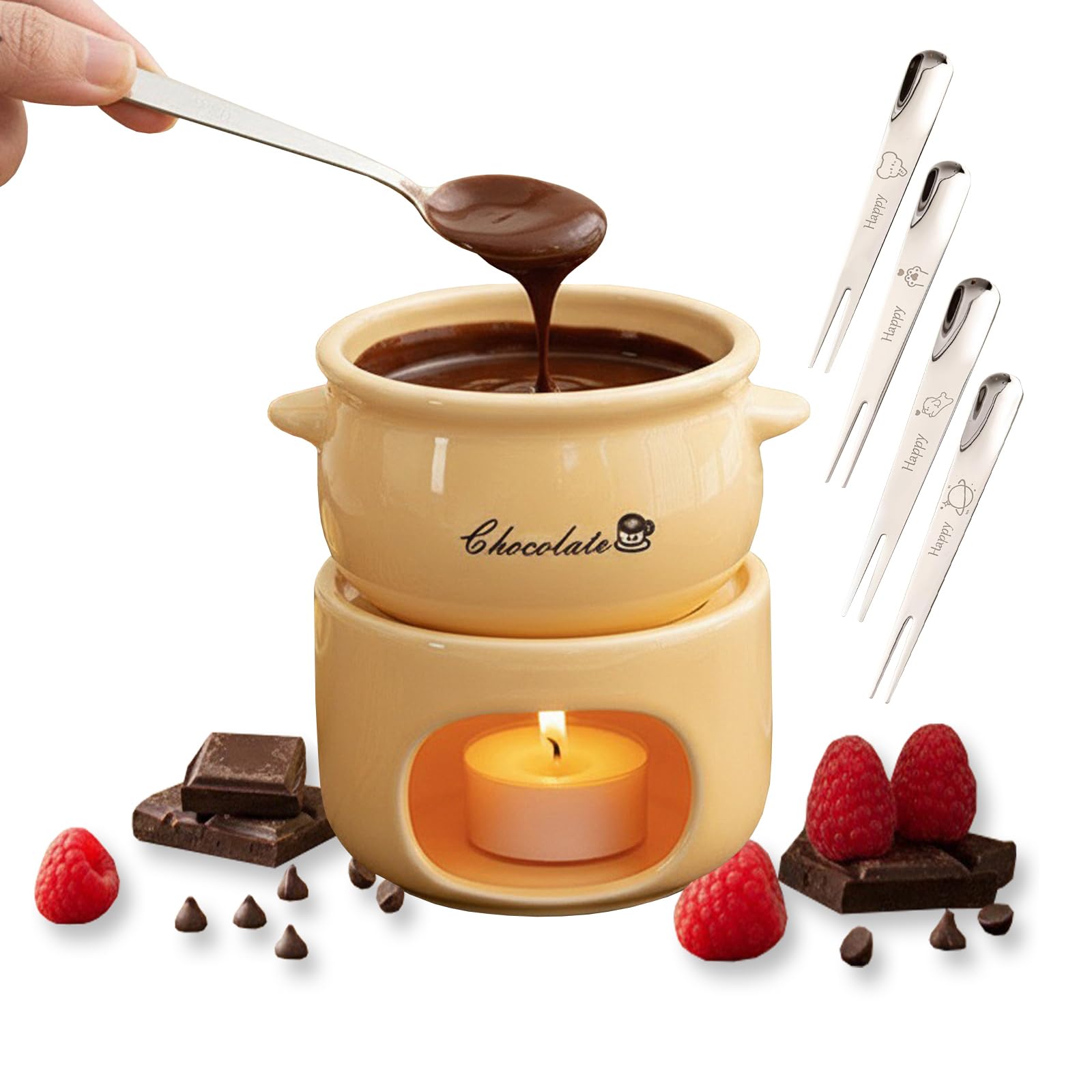 Taza de fondue de chocolate, taza de fondue, mini fondue de chocolate con 4 tenedores para fondue de porcelana, juego de fondue de chocolate adecuado para derretir chocolate y combina