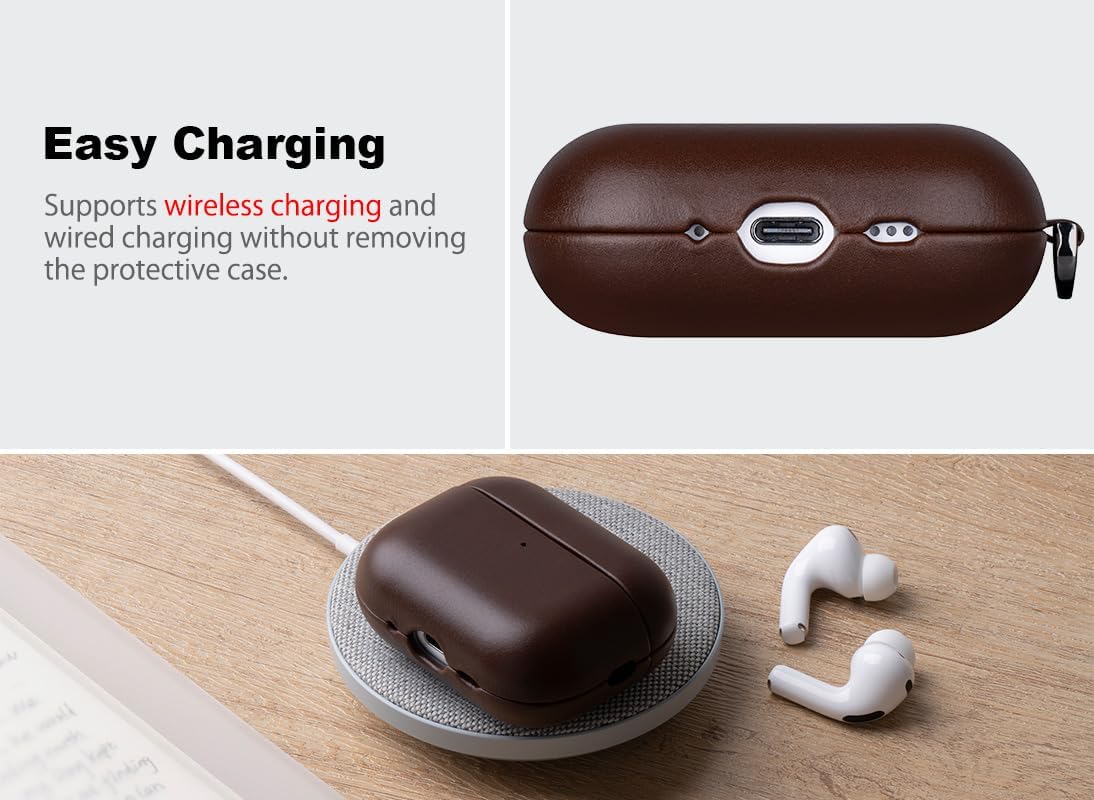 Haobobro for AirPods Pro 2 Leather Case Cover - Leather from Cow Hide, Handmade Drop Protective Hard Cover, Wireless Charging Compatible AirPods Pro 2nd Generation Case with Keychain - Coffee Brown