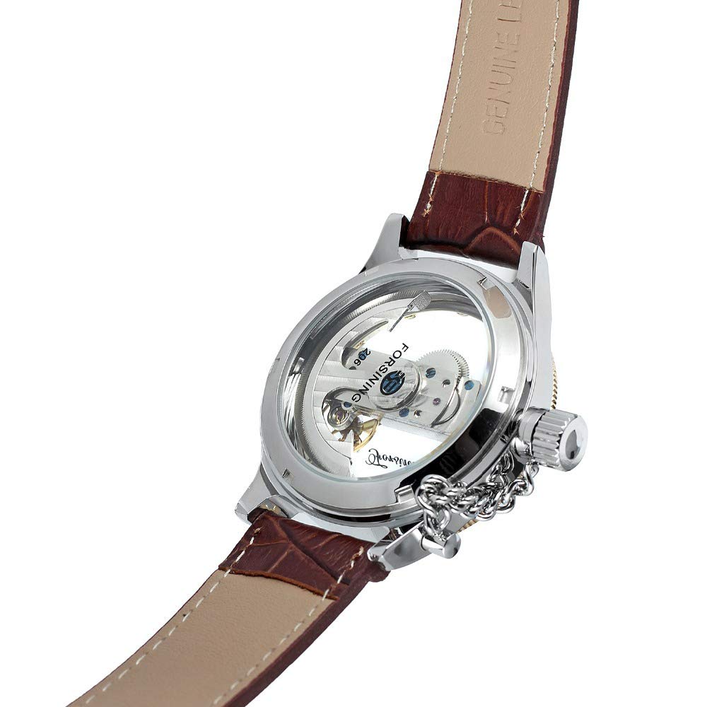 MASTOP Reloj de pulsera mecánico automático para hombre, de piel auténtica, con diseño de esqueleto transparente