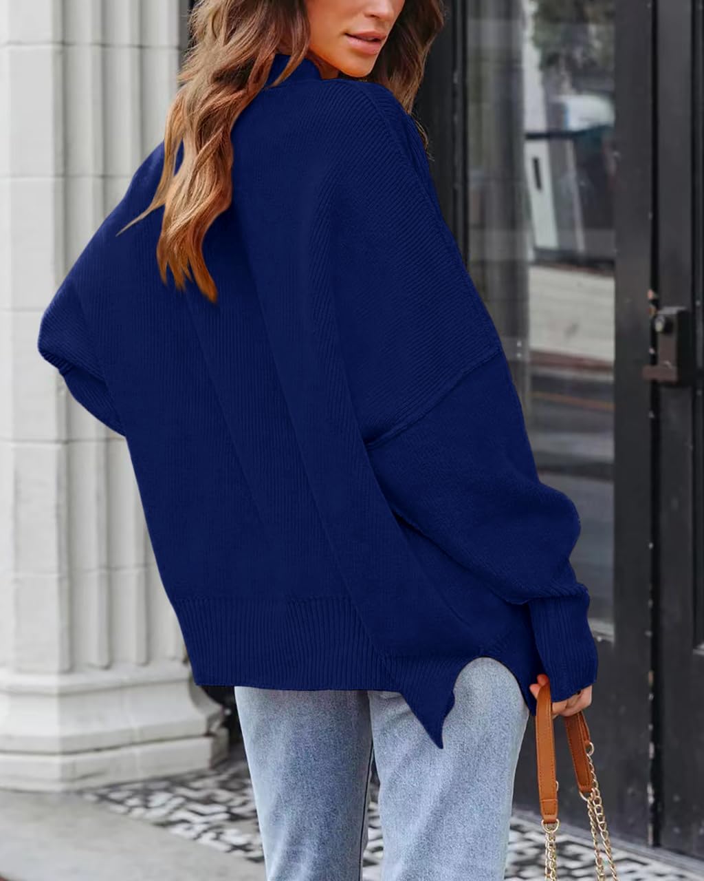Basicspace Women Fall Winter Ladies Round High Neck Fashion Batwing Long Sleeve Oversized Chunky Sweaters Pullover Outerwear Maternity(Large,A Blue)