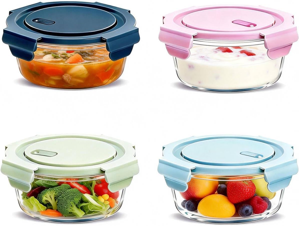 16oz Glass Meal Prep Containers, Round Airtight 2 Cup Glass Storage Containers with Lids, Heat-Resistant BPA-Free Glass Containers for Soup Salad Yogurt Microwave, Dishwasher&Freezer Safe (4 Packs)