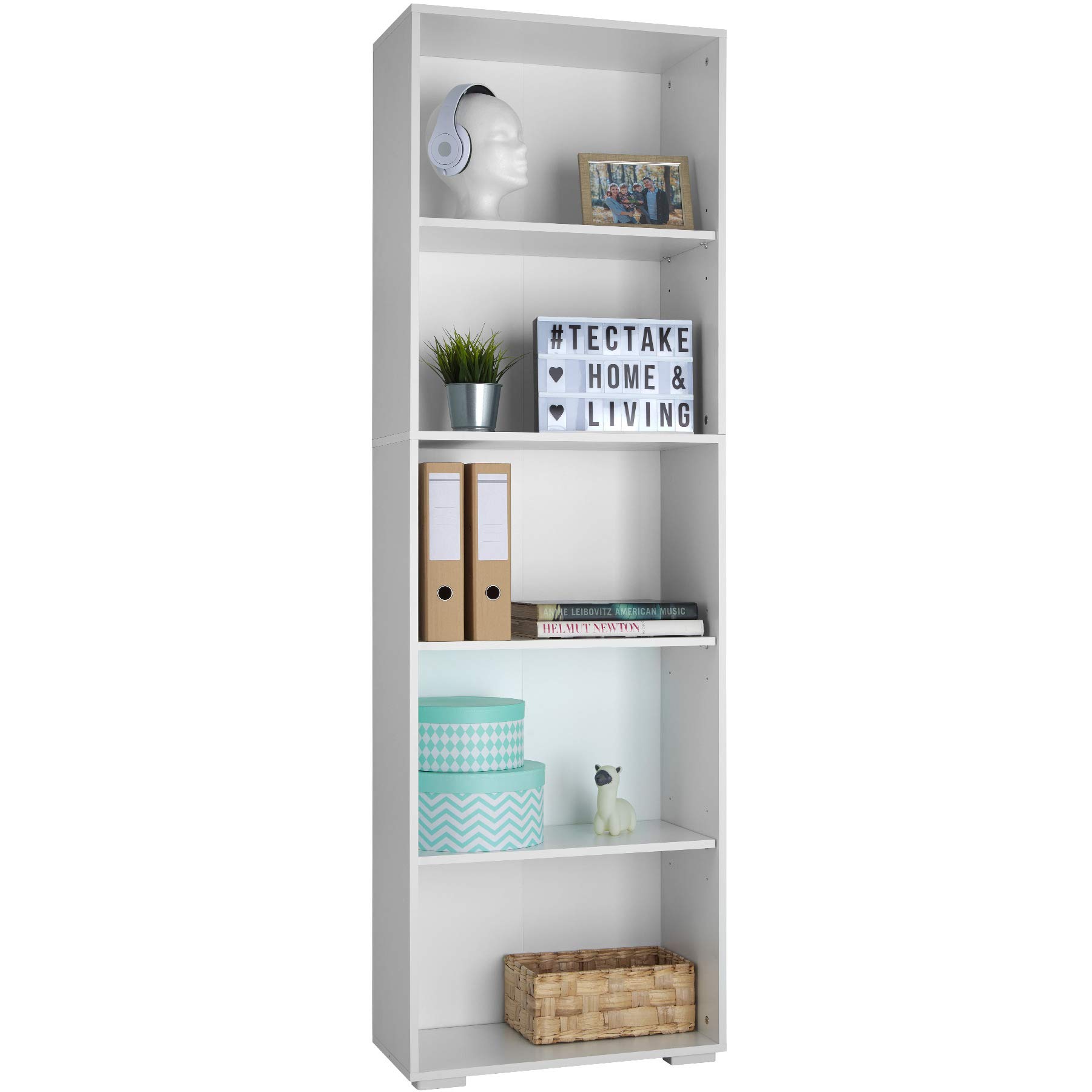tectake® Scaffale per Libri con 5 Ripiani, Libreria Verticale Salvaspazio, Arredamento Ufficio e Casa, Libreria da Parete, Design Robusto in MDF, Facile da Pulire - Bianco