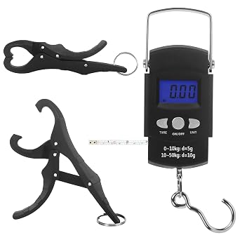 Digital Scale with Lip Gripper110 Lbs/50 Kg Backlight LCD Display Fishing Scale with Build in Ruler and 2pcs Fish Lip Gripper