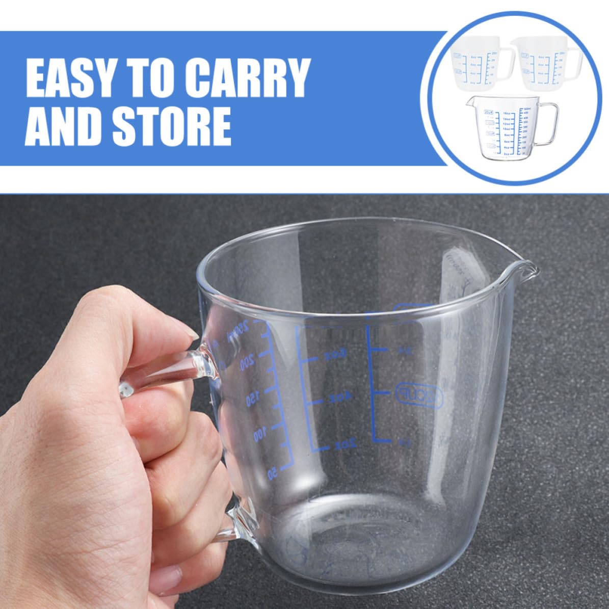 VALICLUD 3 Piezas Taza Vidrio y Medidora de Asa 500ml 250ml con Líquidos | Graduación Visible, Fácil de Llevar y Guardar, Uso en Cocina
