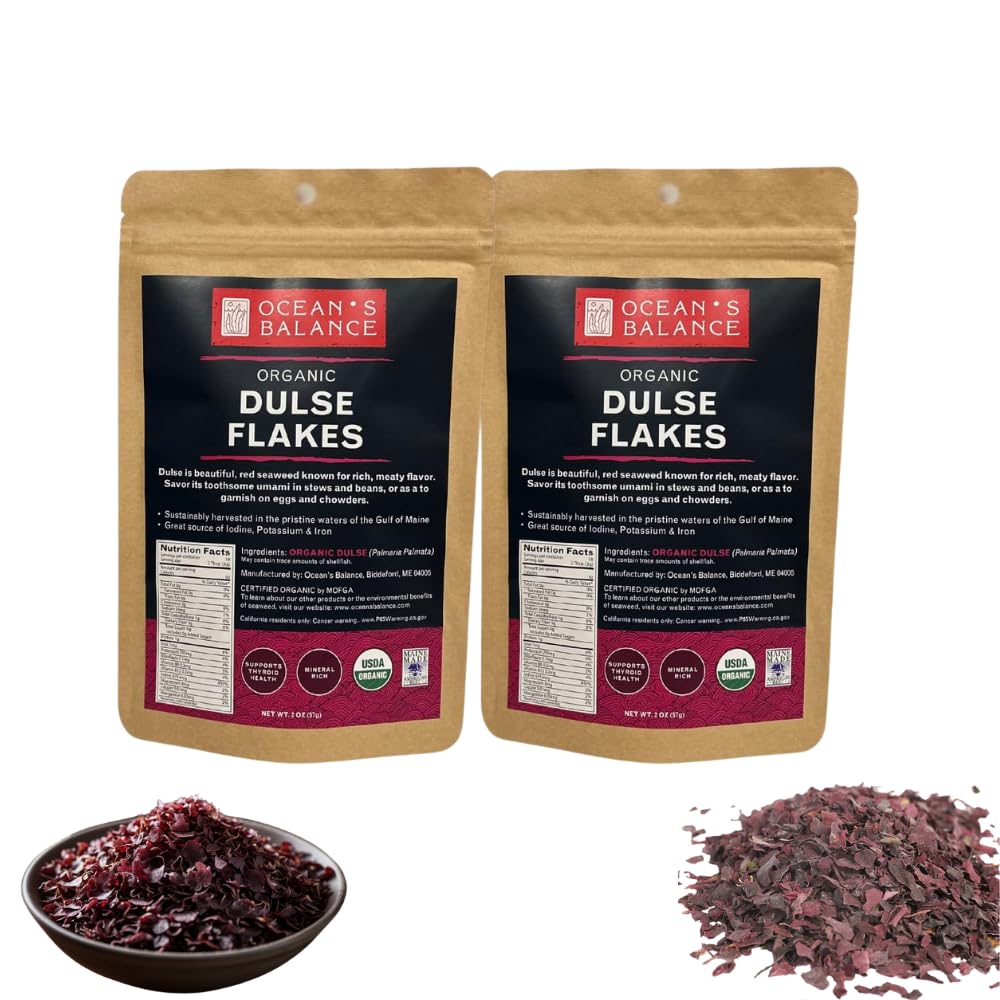 Ocean's Balance Organic Dulse Flakes — Atlantic Dulse Organic Flakes for Keto, Paleo Diet, Vegetarian & Vegan Diets — Dried Vegetable Gluten Free Products (4oz/Bag)USDA Organic