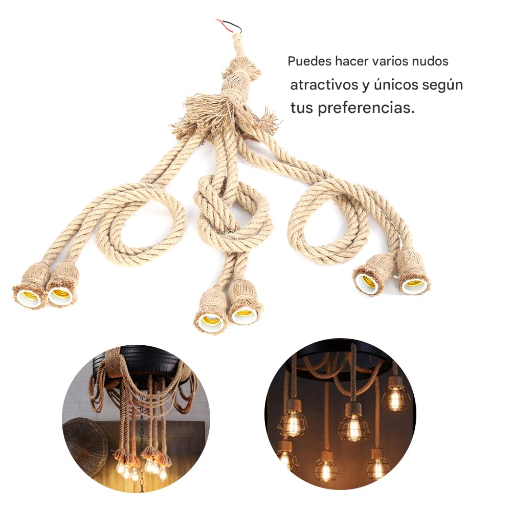 Hemp Rope Pendant Light, E27 Lamp Base 1m Hemp Rope Cord Electric Wire DIY Pendant Decorative Bulb with 6 Holder for Bar Cafe Restaurant Home (Bulb not Included)