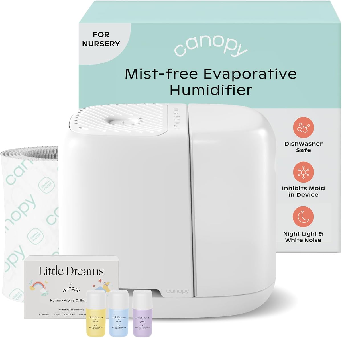 Humidificador para guardería 2.0, blanco, 2,5 L, 36 horas, kit de aroma y luz para dormir