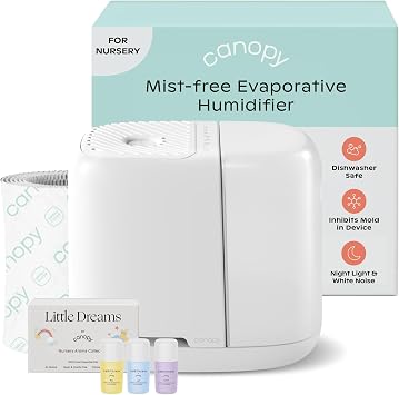Canopy Nursery Humidifier 2.0, White, 36 HR Run Time, 2.5L Capacity Tank - Sleep Lights, White Noise, Clean Aroma Diffusion - Promote Deep Sleep & Happy Skin - Humidifier, Filter & Aroma Kit