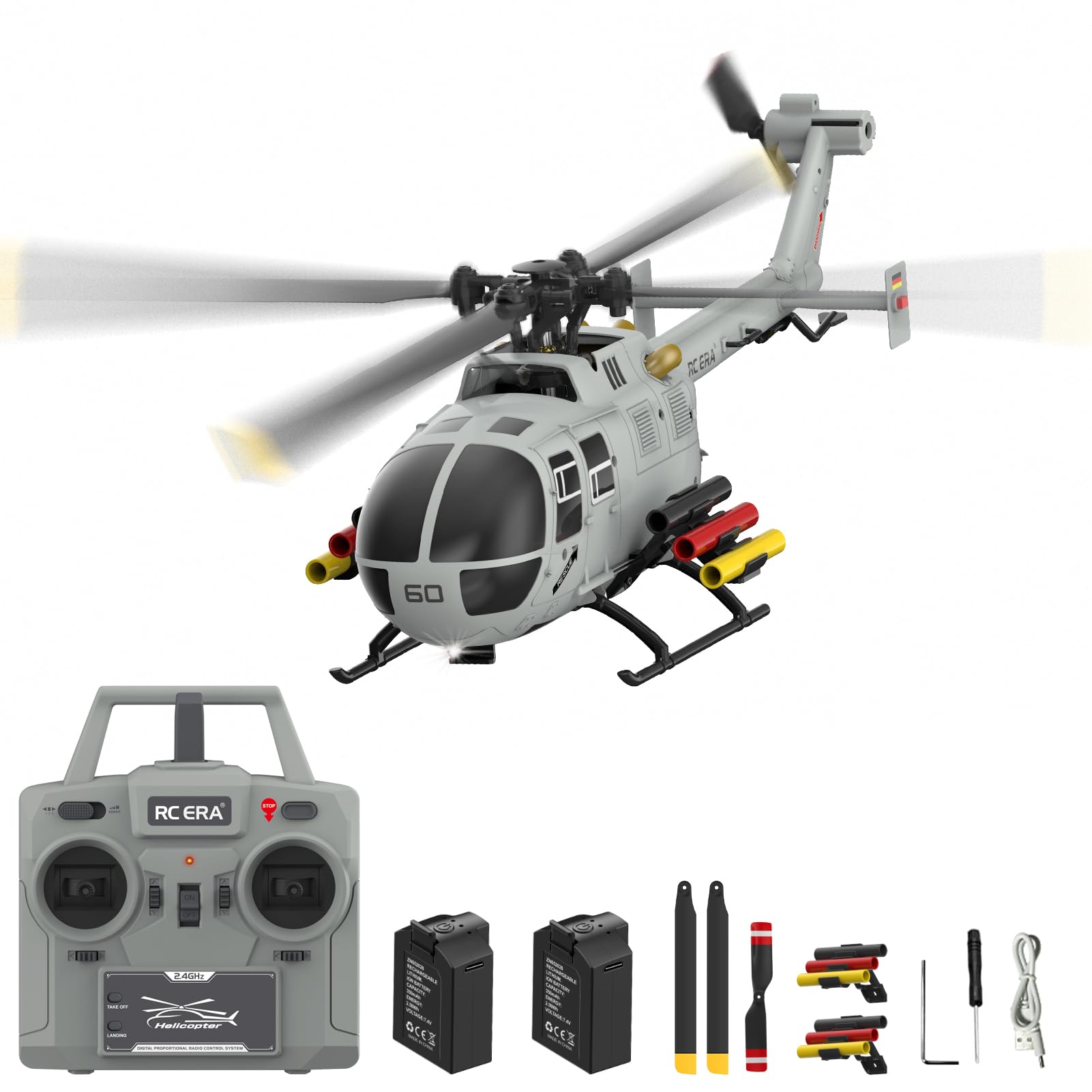 Authticar C186S RC Helicopter, 1:48 Scale BO105 Military Helicopter with Brushless Motor Single Propeller with 6 Axis Gyro, Altitude Hold, Light Stream Locating, Missile Bracket