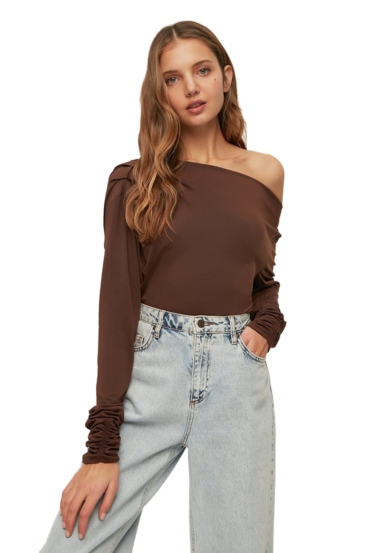 Trendyol Collection Damen Braun Braune, Fließende, Dehnbare Strickbluse Mit Asymmetrischem Kragen Für - Groß