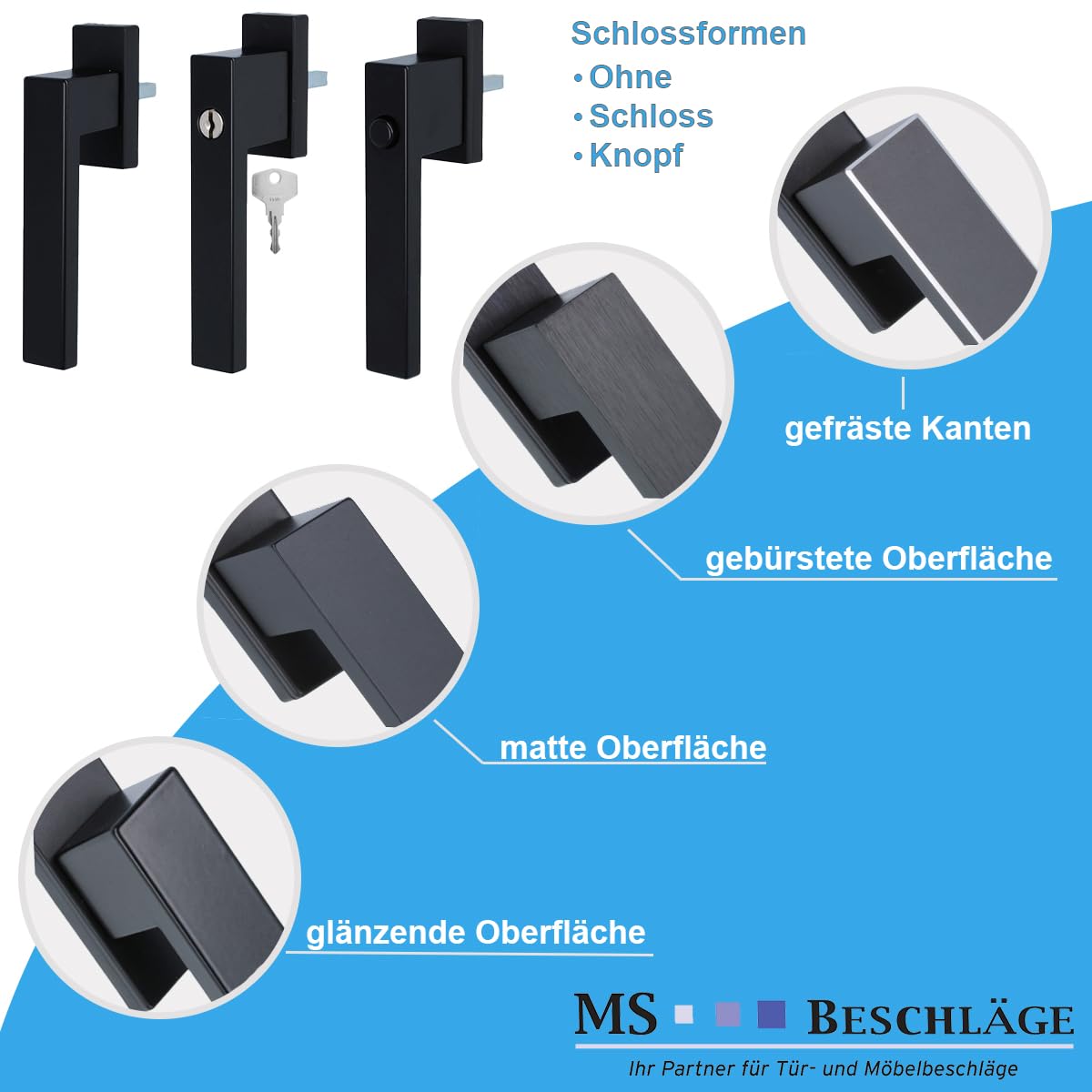 MS Beschläge Design Fenstergriff exklusives Design 45° Rasterung Fensterbeschlag eckig Dreh- Kipp Fensterolive Aluminium Schwarz (eloxiert - matt, Knopf)