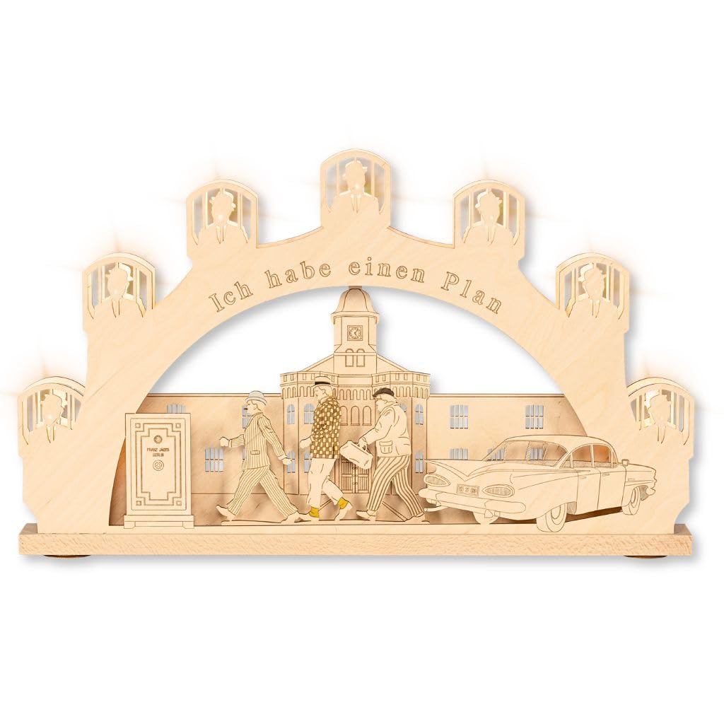 weigla - Schwibbogen original Erzgebirge I Lichterbogen Weihnachten I Motiv Olsenbande I 7 Lampenkerzen + 1 Ersatzlampe I 7 x 34 V, 3 W, E10 I beleuchtete Weihnachtsdeko innen I Ganzjahresdeko
