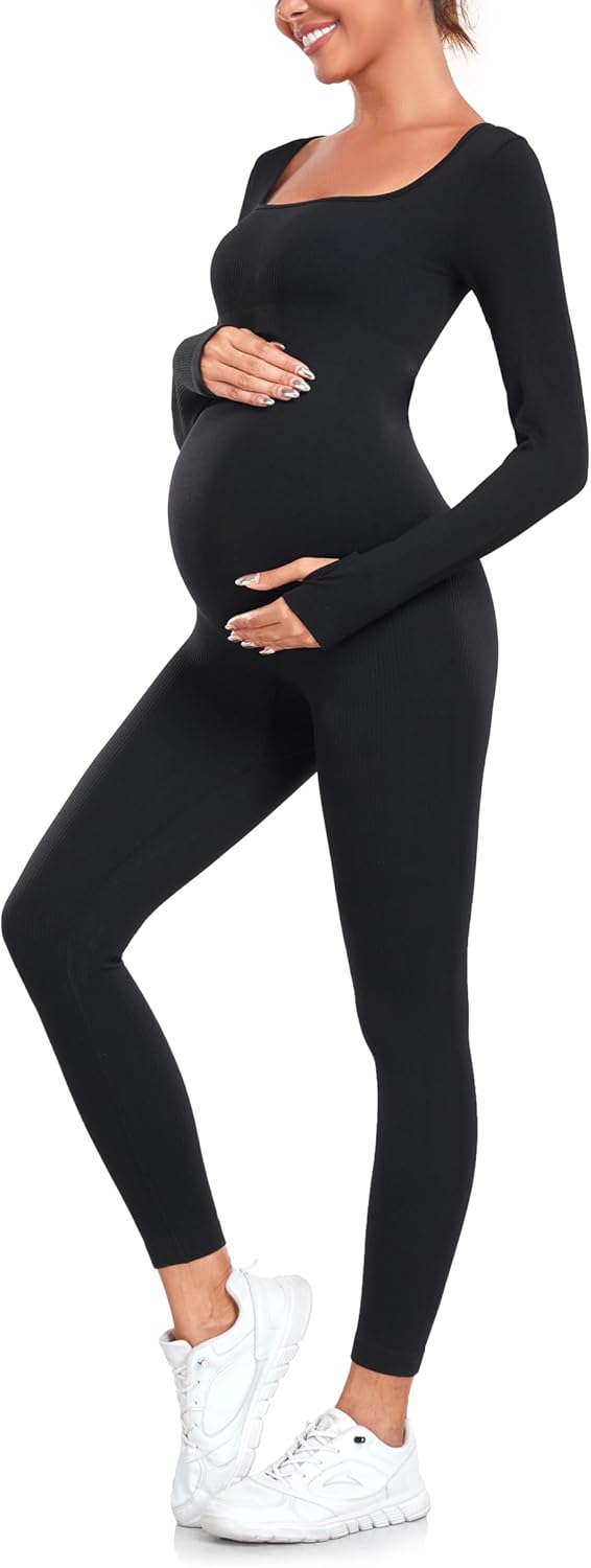 EastElegant Maternity Seamless Yoga Jumpsuits Women's One Piece Workout Bodysuits Ribbed Square Neck Long Sleeved Romper - Image 2