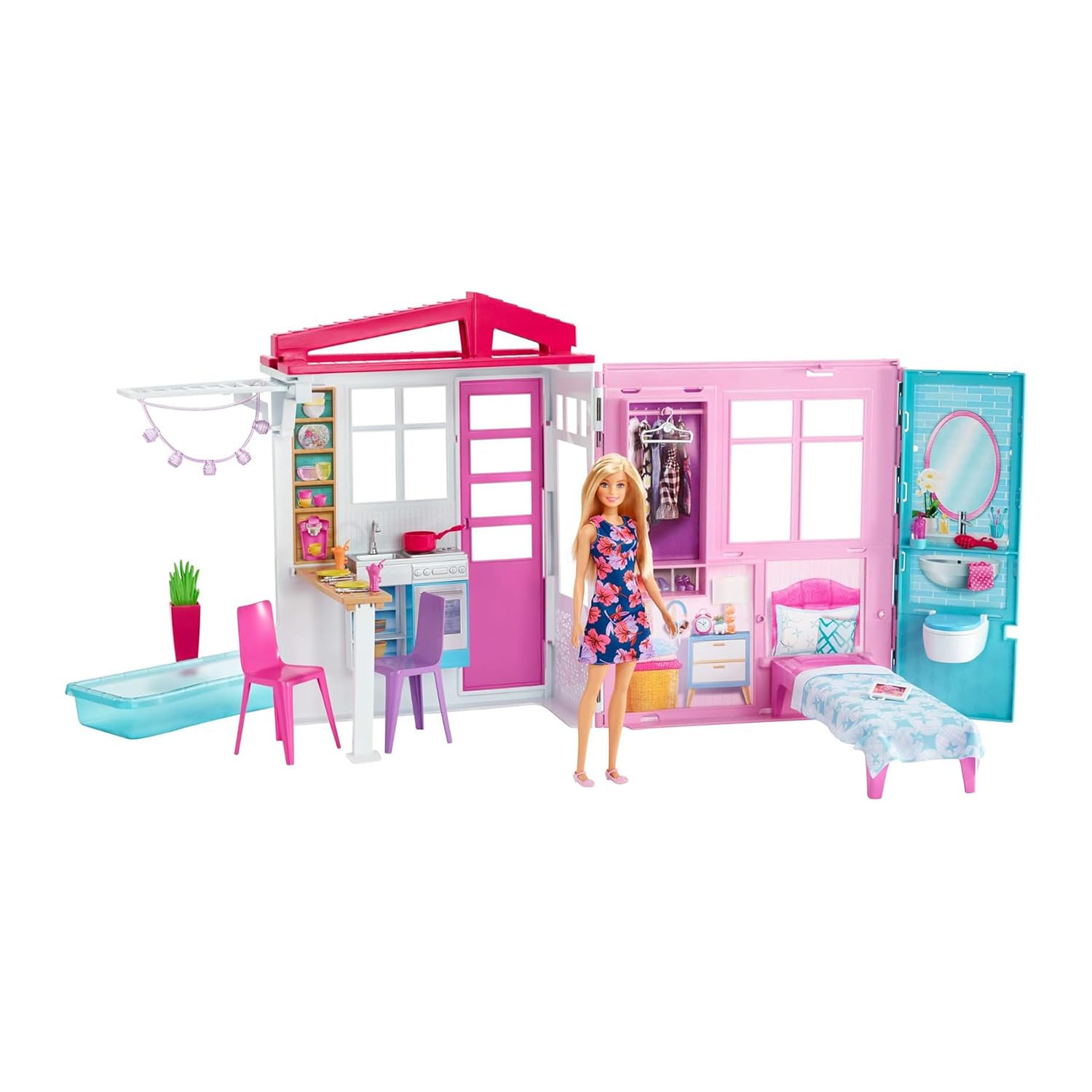 Barbie-Haus mit Küche, Schlafzimmer, Badezimmer, Pool, komplett eingerichtet Möbeln, verschließbar mit Aufbewahrungsgriff, Puppen, Geschenke für Kinder ab 3 Jahren, GWY84