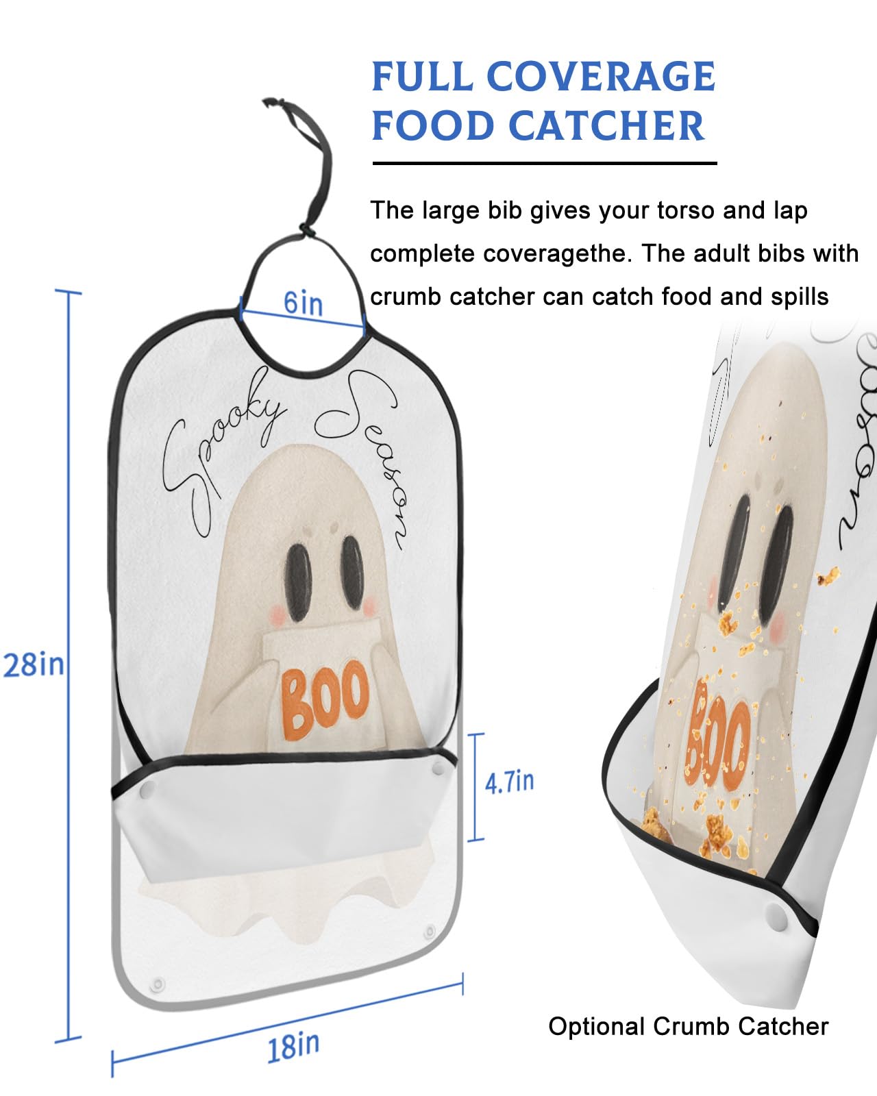 LEOKOTI Halloween Adult Bibs for Eating, Waterproof Bibs with Food Catcher & Adjustable Snap Closure, Watercolor White Ghost Washable Clothing Protectors Adult Bibs for Elderly Women/Men