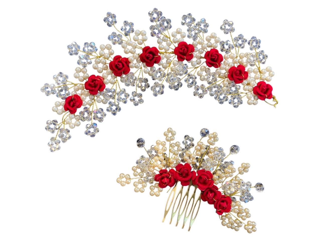 Golden Pearl Hair Brooch with Red Roses & Transparent Flower Jhumki Beads | Combo Pack of Hair Brooch & Combed Bun Brooch for Women & Girls | Bridal Wedding Festival Hair Accessories