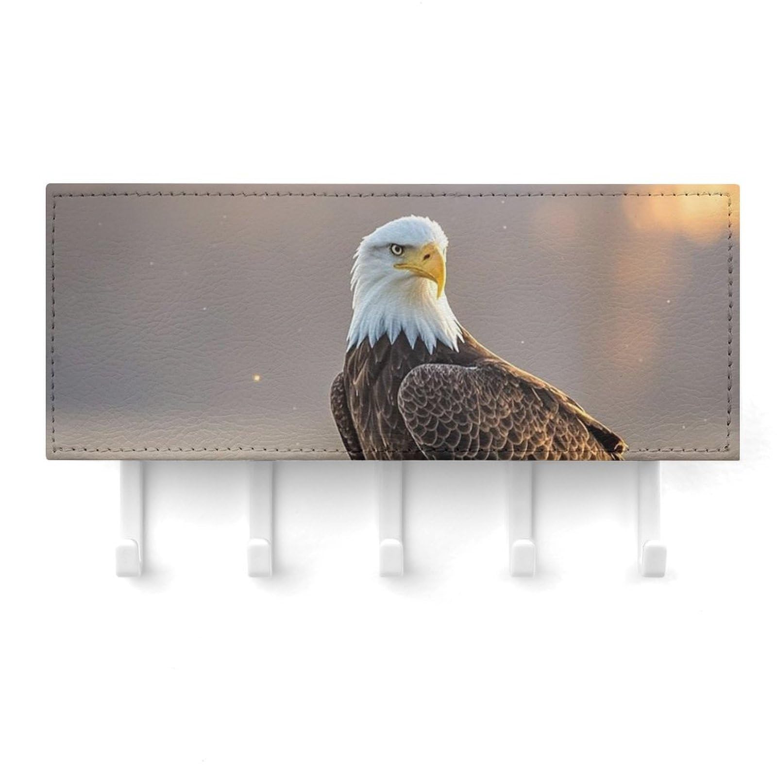 QMNLKH Golden Sunset Bald Eagle Wall Mounted Key Rack for Home, No Drilling Key Holder with 5 Hooks, Self Adhesive Keys Chain Organizer for Hallway, Keys Hanger Shelf for Office, Doorway White