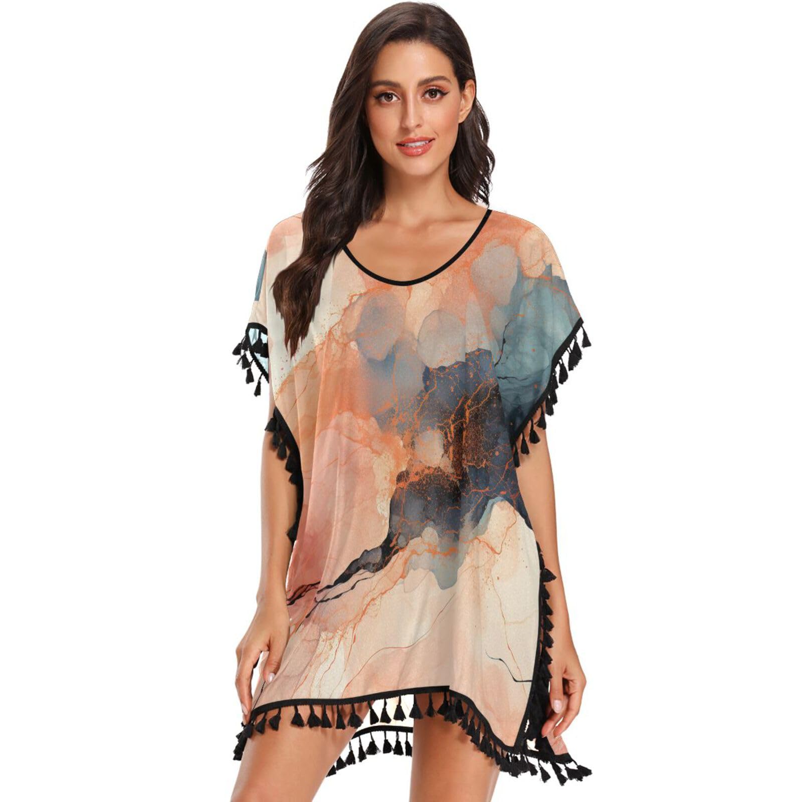 Orange Marble Abstract Art Women's Beach Cover Up Chiffon Tassel Swimwear Swimsuit Coverups for Girl