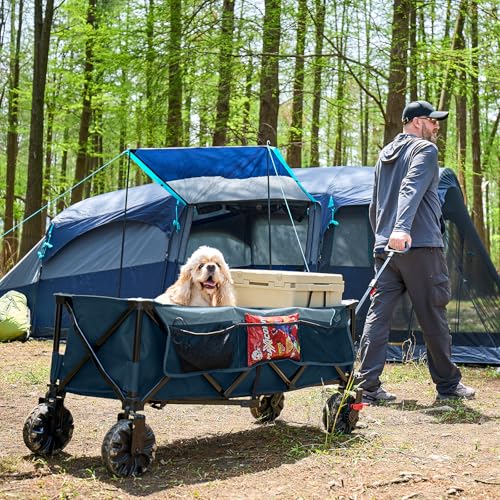 Image of Timber Ridge 51.2 inch Extended Collapsible Wagon, 400L, Blue | Heavy-Duty Utility Cart, All-Terrain Wheels, Brakes & Cargo Net, For Camping, Sports & Shopping