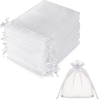 Organza Gift Bags,Organza Bags, 100Pcs White Organza Drawstring Bags,Mesh Jewelry Pouches,for Jewelry Party Wedding Favor Party Festival Gift Bags Candy Bags(7x9cm)
