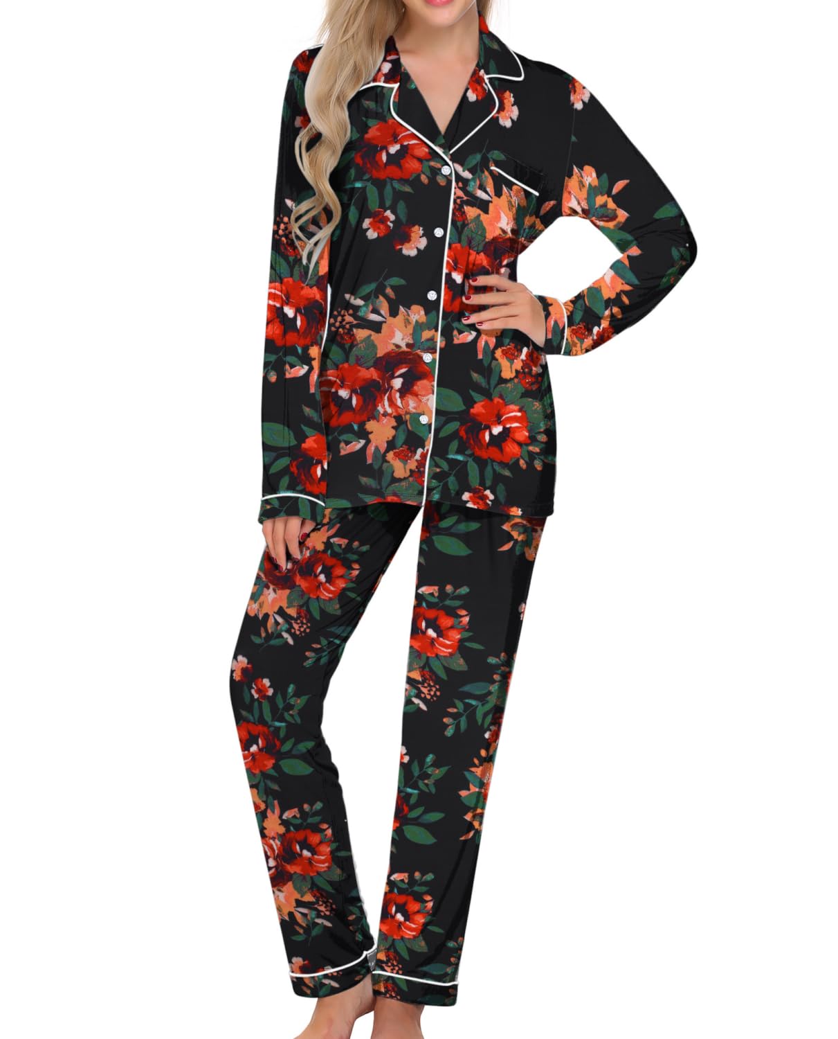 Ekouaer Pigiama Donna Maniche Lunghe Set Pigiama a Due Pezzi con Bottoni Abbigliamento da Notte Morbido Sleepwear Top e Pantaloni Pigiama XS-XXL
