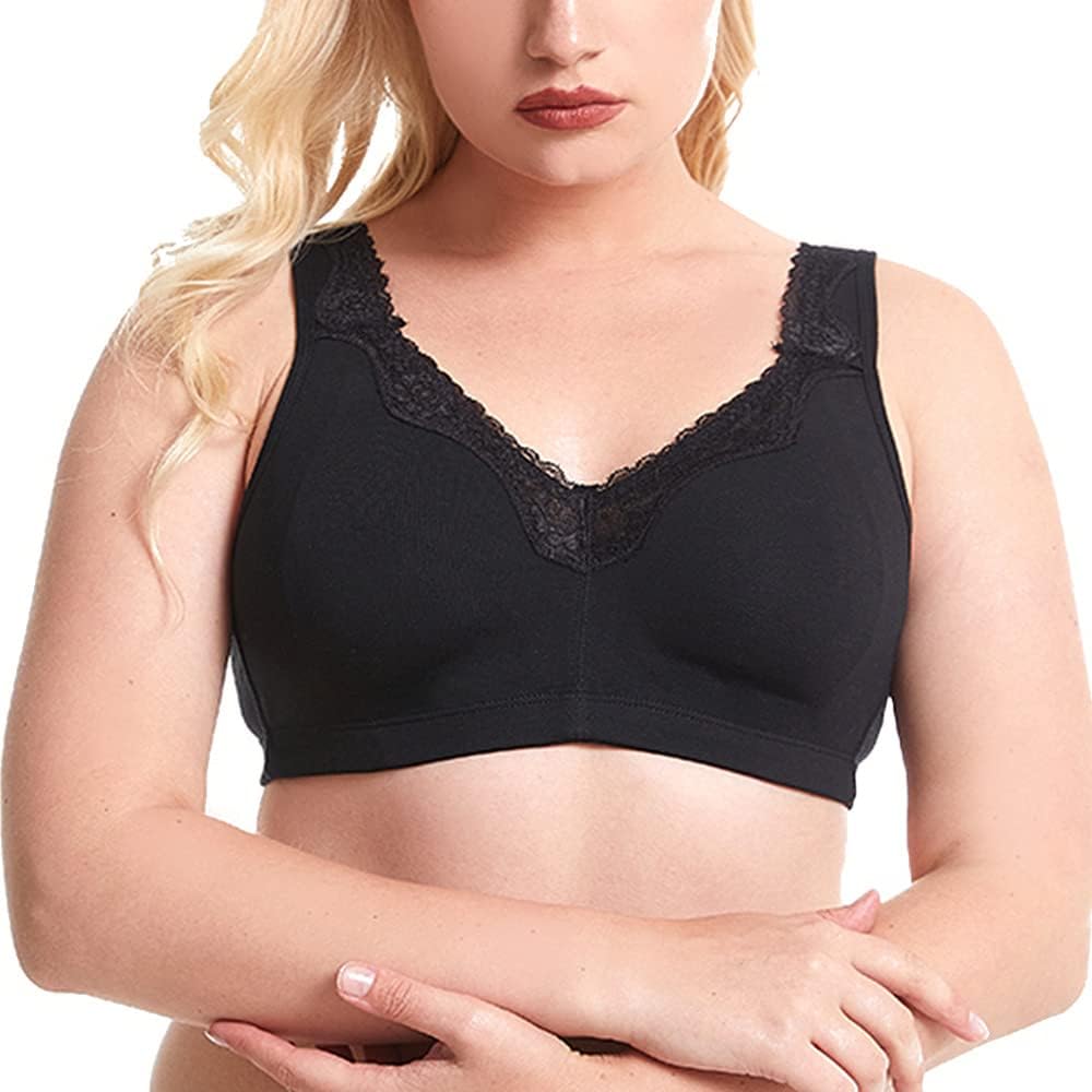 Women's Plus Size Soft Cotton Lace Bra Full Coverage Wirefree Non-Padded