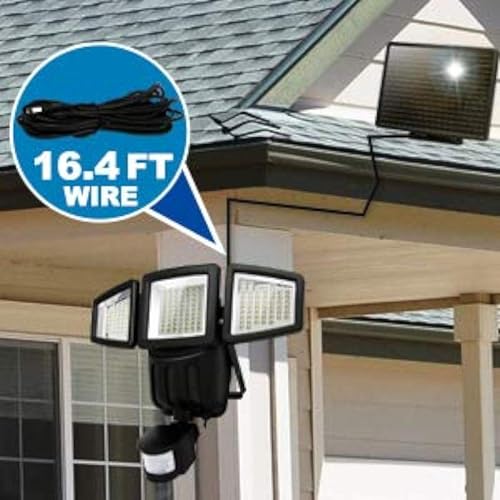 Miniatura 5 de UMR Luz de inundación solar de seguridad de garaje de 3 cabezales súper brillante de 188 LED con sensor PIR, área de iluminación amplia, cabezal