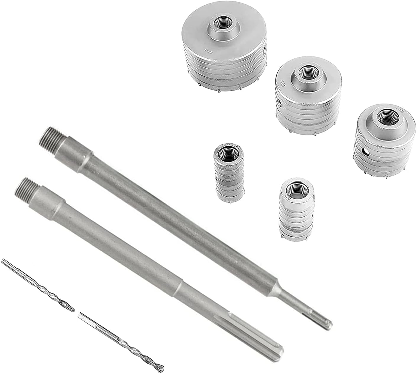 10 unidades para kit de 5 brocas widia para hormigon medida 30 40 65 80 100 mm dos soportes de montaje sds plus y sds Max 2 puntas de centrado + maleta de transporte