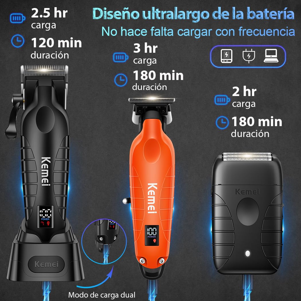 KEMEI Maquina de Cortar Pelo Hombre,Trimmer Profesional con Pantalla Digital & Máquina de Afeitar Eléctrica, Kit Peluqueria Hombre con 8000RPM motor, Carga Dual USB/Base(Naranja)
