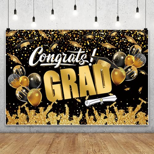 DASHAN 7x5ft Congrats Grad Class of 2026 Backdrop Black Gold Graduation Backdrop for Photography Graduation Banner Party Decorations with Balloons Background Cake Table Decor Photo Booth Props - image 1