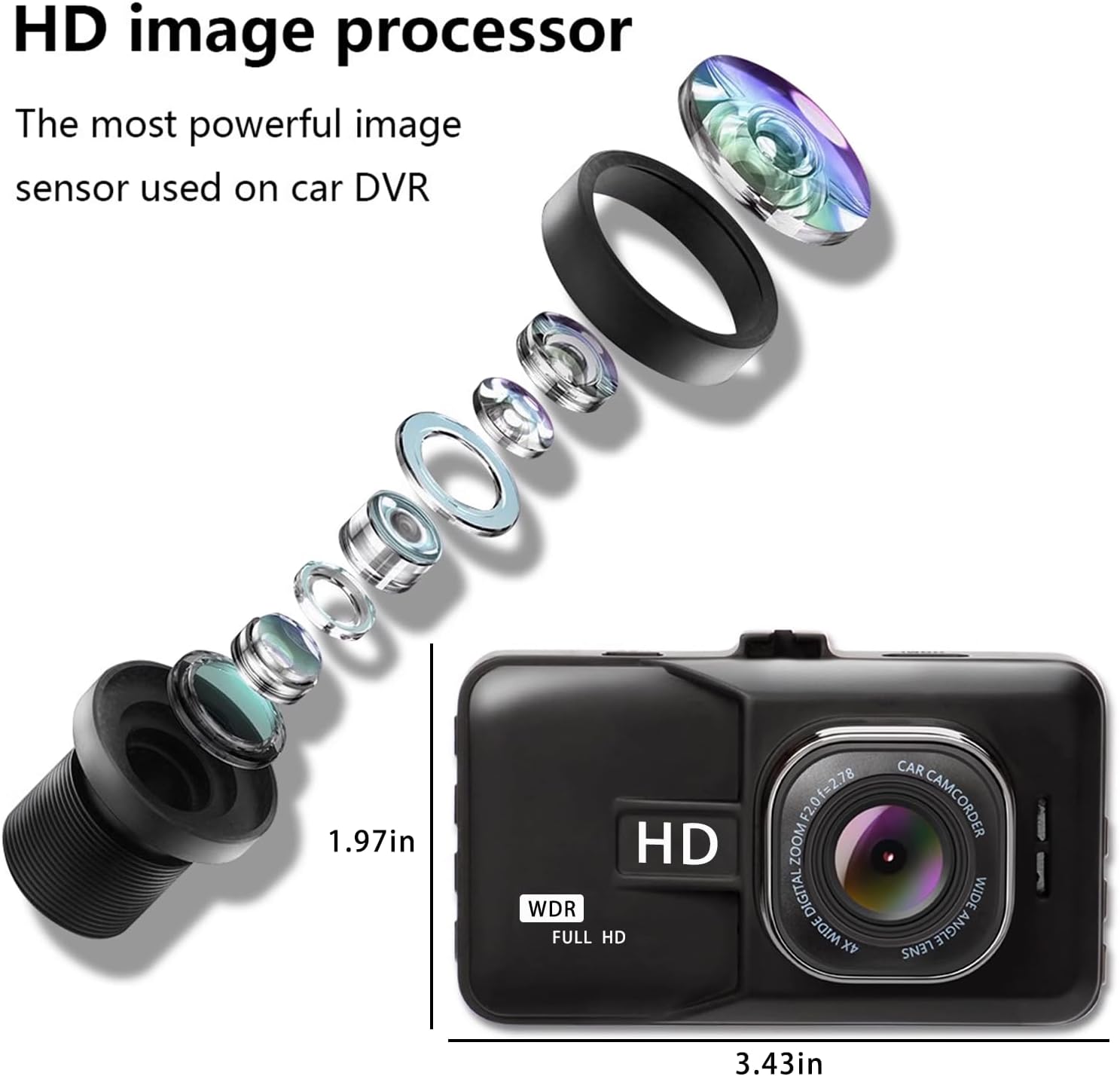 Exploded view of the dash cam lens components and the front camera unit with dimensions.