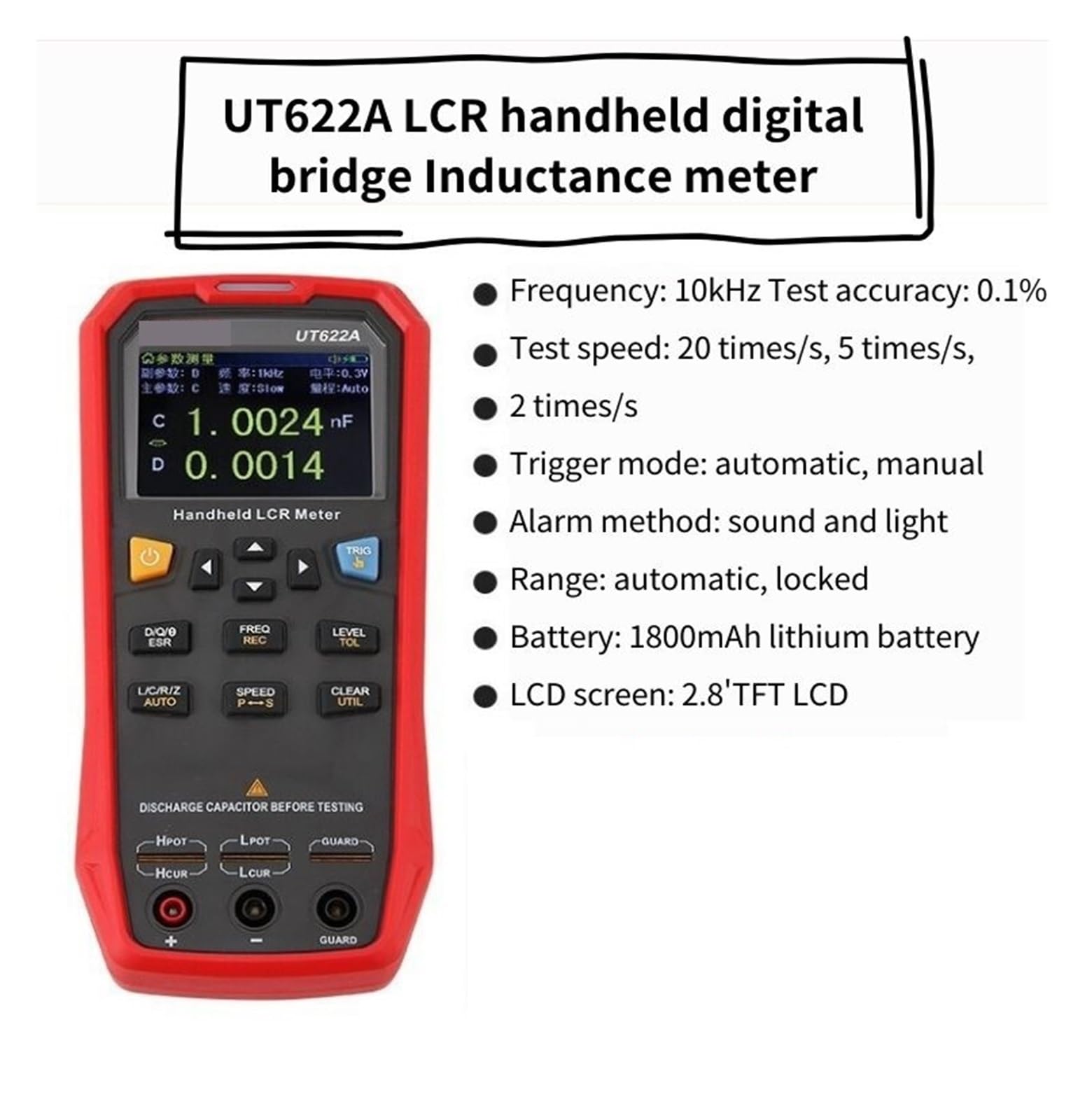 Tisch-LCR-Messgerät, UT622A Dreiphasiges Digitales Intelligentes Handbrücken-LCR-Messgerät, Elektrischer Multimeter-Tester, 10 KHz-Kapazitätsmesser, Hohe Genauigkeit, 2,8 Zoll TFT