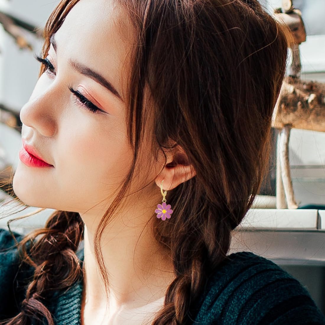 Daisy Huggie Hoop Earrings for Women Flower Dangle Drop Earrings Hypoallergenic Cute Sunflower Jewelry Gifts White Hot Pink Yellow Black Blue - Image 6