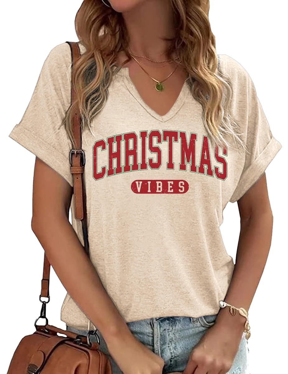 Photo 1 of Womens Vintage Christmas Vibes V Neck Shirt Funny Xmas Letter Printed Graphic Short Sleeve Tee Holiday Family Matching Winter Tops(M,Z-Apricot-1)