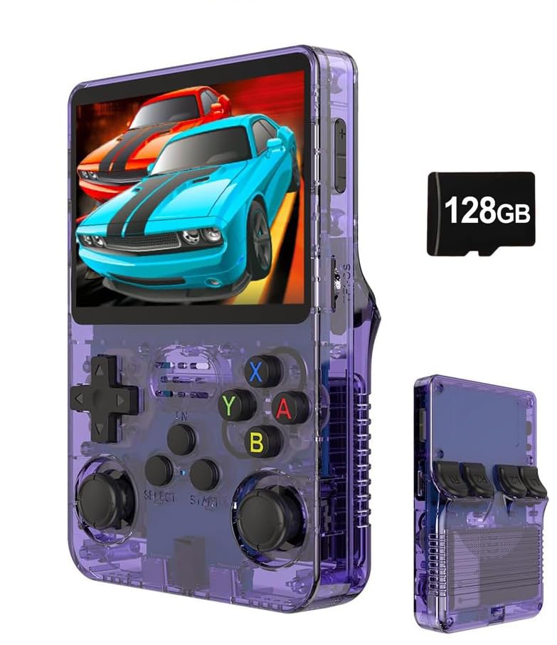Whatsko R36S 128GB RK3326 レトロハンドヘルドゲームコンソール ArkOSシステム 3.5インチIPS OCAフルスクリーン 64ビット デュアル3Dジョイスティック ポータブルエミュレータ互換機 日本語対応 3500mAh 透明紫