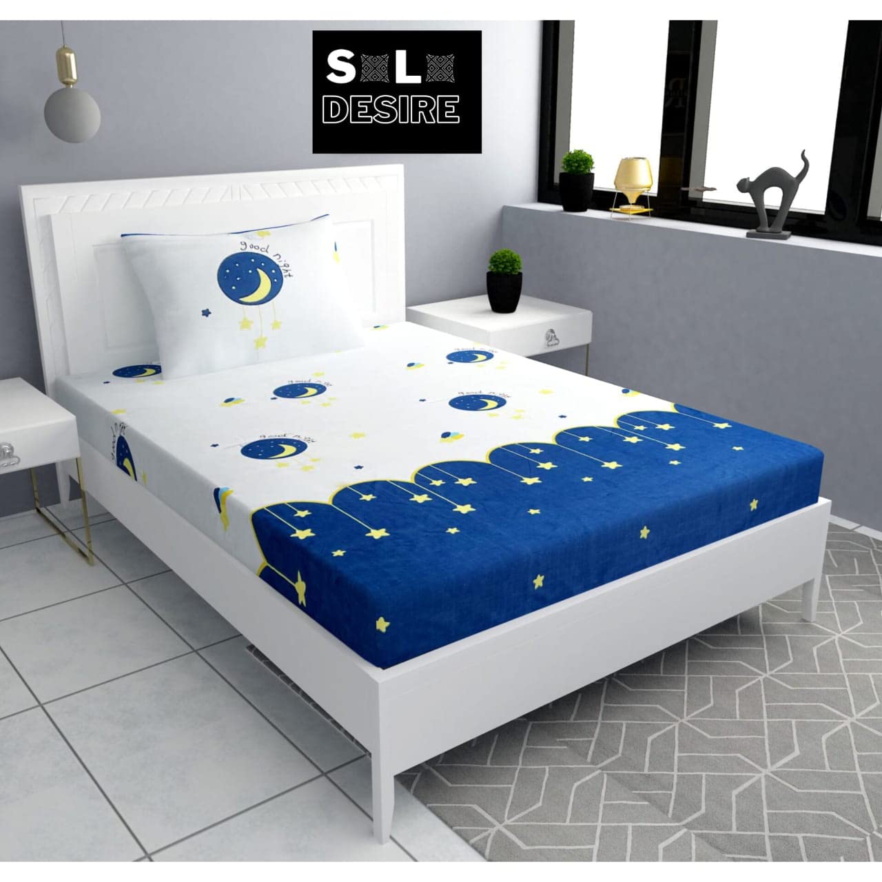 SOLO DESIRE Single Bed Elastic Fitted Cartoon Print Kids Room Glace Cotton Bed Sheet with 1 Pillow Cover | Single Bedsheet for Kids(Fits Upto 8 inch Mattress)(36 * 72) (Moon) (B0C29DNJB6) Amazon Price History, Amazon Price Tracker