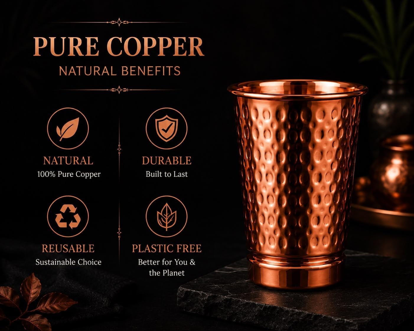 SYTH Pure Copper Tumbler Cup – 100% Handmade Hammered Copper Drinking Glass, Ayurvedic Water Cup, Leak-Free Copper Cup for Daily Hydration, Kitchen & Home Use, Made in India (1 Pack, 12 oz / 350 ml)