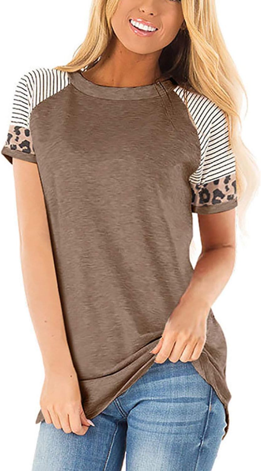 BasoteeuoLeopard Print Tops for Women Long Sleeve Crew Neck Patchwork T Shirt Blouse