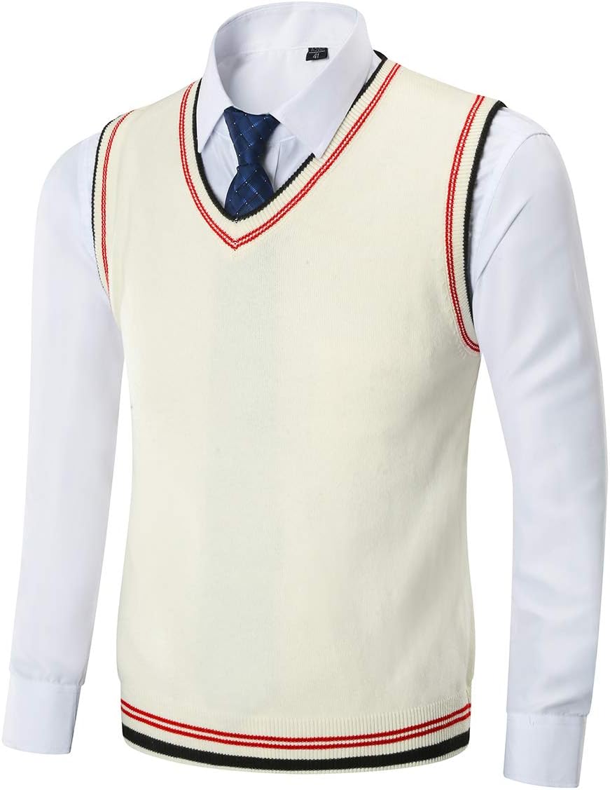 KINLONSAIR Mens Casual Slim Fit Lightweight V-Neck Sweater Vest Thermal Knitted Sleeveless Sweater Beige