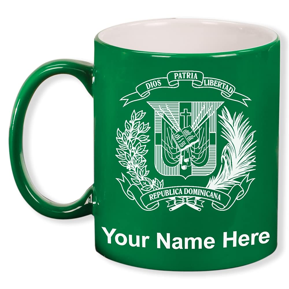 LaserGram 11oz Round Ceramic Coffee Mug, Coat of Arms Dominican Republic, Personalized Engraving Included (Green)