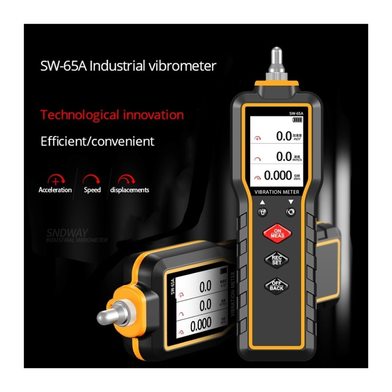 Medidor de Vibraciones, Herramienta de Medición Digital Portátil con Sonda Reemplazable y Linterna, Velocidad de 0.1-199.9 mm/s, Almacenamiento de 200 Datos, Ideal para la Inspección(SW-63A)