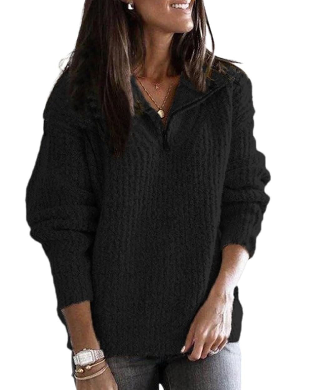 Womens Half Zip Pullover Sweaters V-Neck Casual Long Sleeve Knit Jumper Tops Comfortable Sweatshirt for Fall Winter 2025