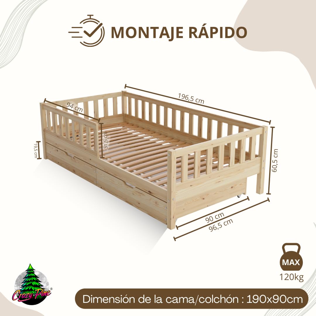 Cama Montessori 190x90 cm - Cama Infantil Fácil de Montar - Camas Infantiles Segura niños y niñas - con Protección contra Caídas - Madera Natural con Cajones