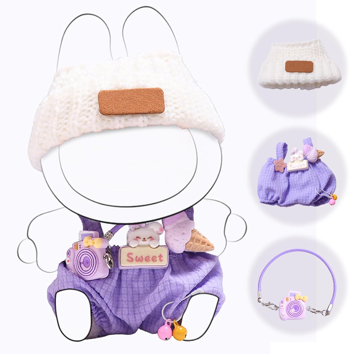 17cm Doll Clothes Set (no Doll) - Premium Fashion Dresses with Accessories, 3 Piece Set(Hat+Jumpsuit+Small Camera), Cute Clothes for Dress up Unique Style (Purple)