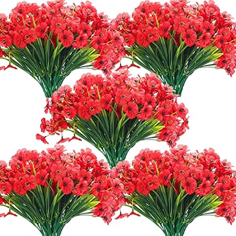 Janinka 48 Bundles Red Artificial Flowers Outdoor Faux Flowers UV Resistant Fake Plastic Flowers Plants No Fade Deep Red Greenery Shrubs for Porch Garden Porch Window Wedding Box Decorating Cover